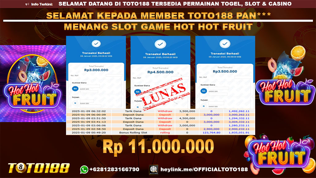 Bukti JP Kemenangan SLOT GAME HOT HOT FRUIT 09 JAN 25
