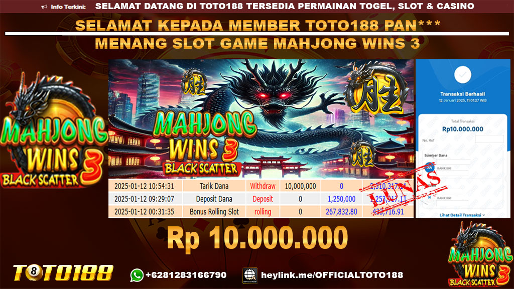Bukti JP Kemenangan SLOT GAME MAHJONG WINS3 12 JAN 25