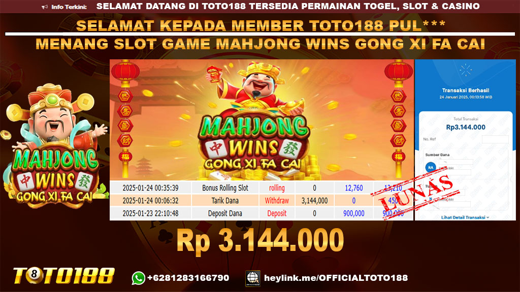 Bukti JP Kemenangan SLOT GAME MAHJONG WINS GONG XI FA CAI 24 JAN 25