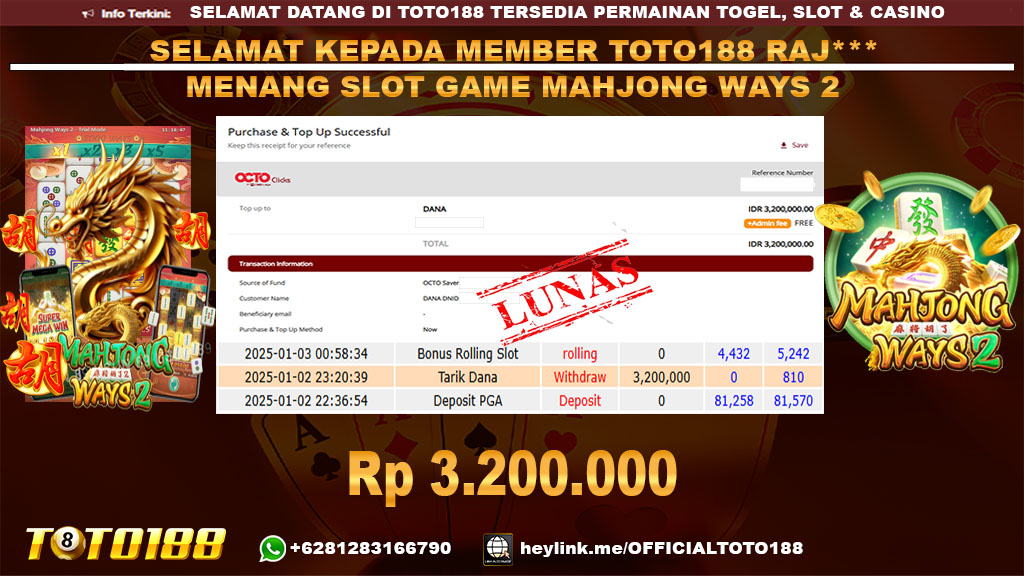 Bukti JP Kemenangan SLOT GAME MAHJONG WAYS2 02 JAN 25