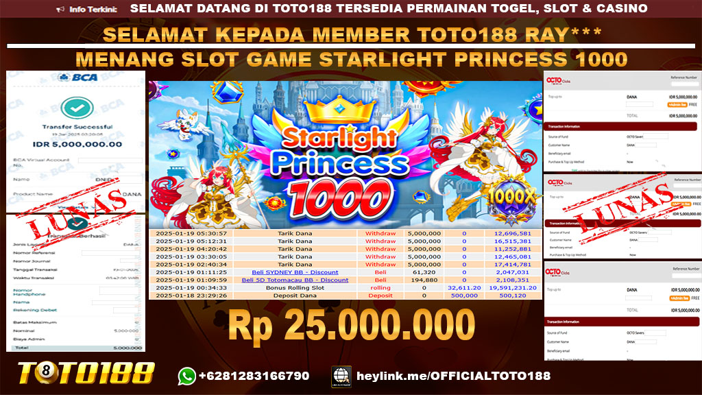 Bukti JP Kemenangan SLOT GAME STARLIGHT PRINCESS 1000 19 JAN 25