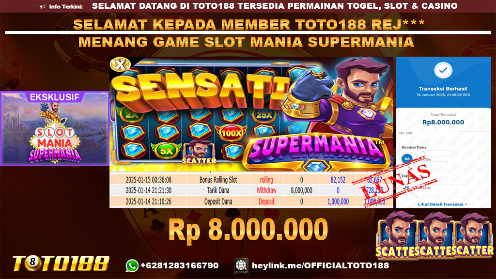 Bukti JP Kemenangan GAME SLOT MANIA SUPERMANIA 14 JAN 25