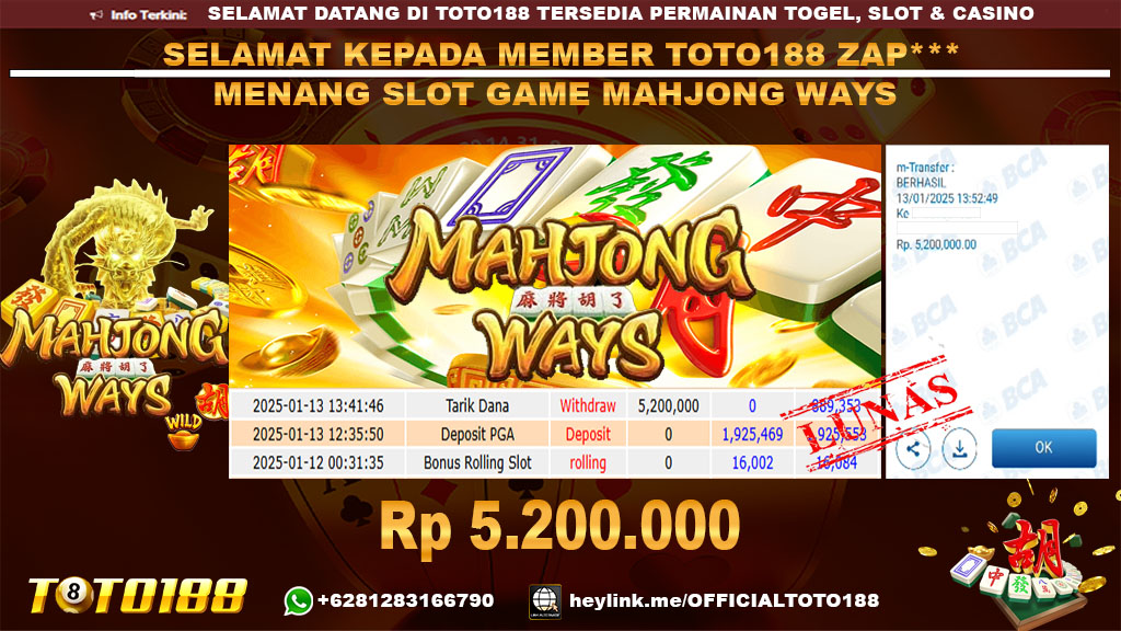 Bukti JP Kemenangan SLOT GAME MAHJONG WAYS 13 JAN 25