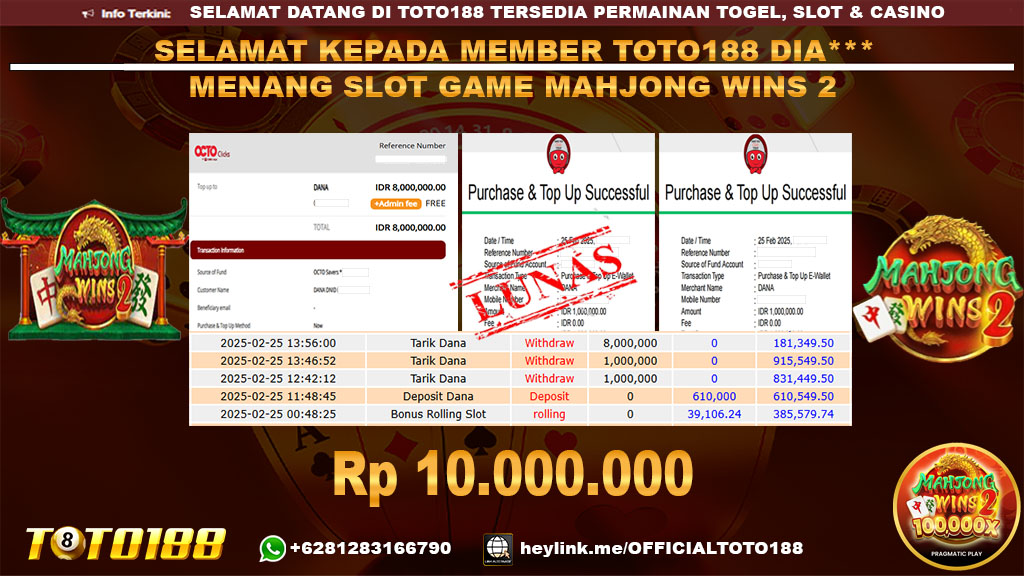 Bukti JP Kemenangan SLOT GAME MAHJONG WINS 2 25 FEB 25