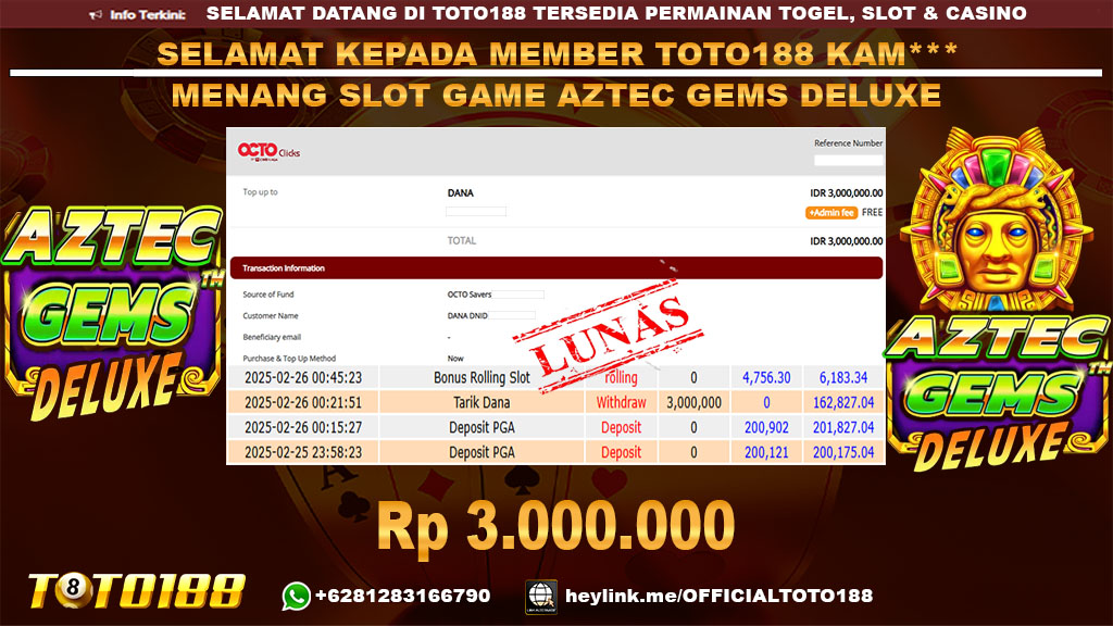 Bukti JP Kemenangan SLOT GAME AZTEC GEMS DELUXE 26 FEB 25