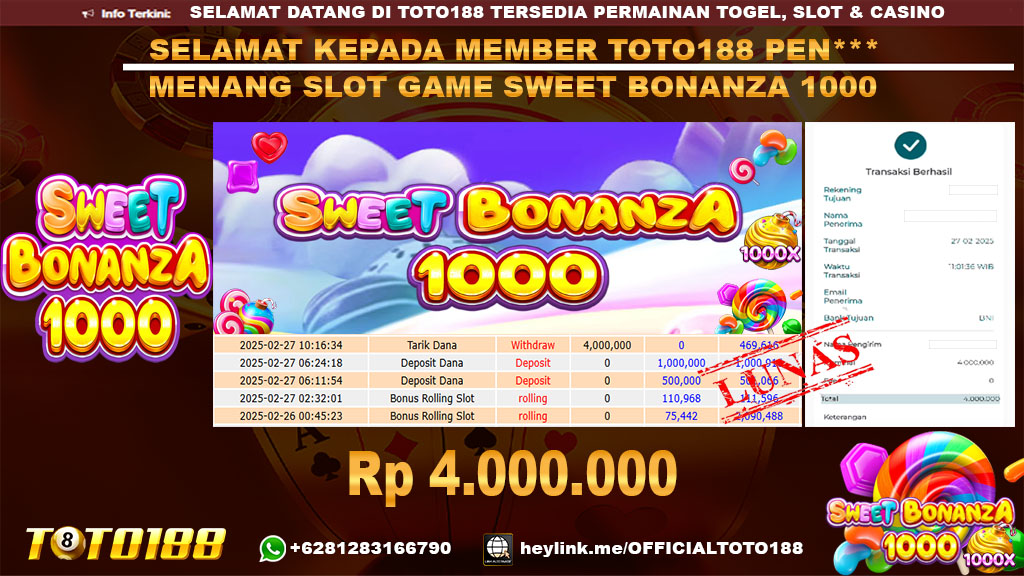 Bukti JP Kemenangan SLOT GAME SWEET BONANZA 1000 27 FEB 25