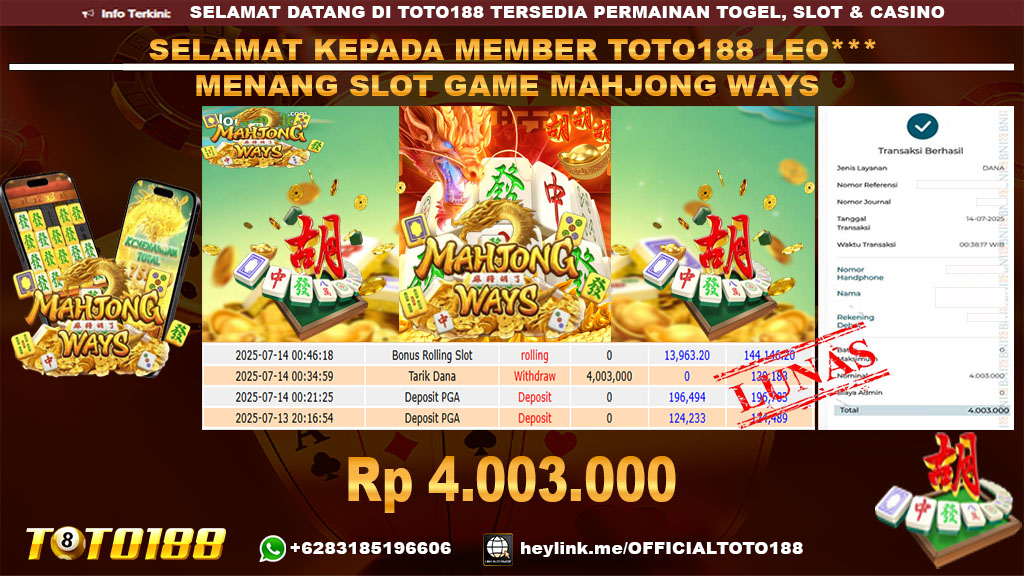 Bukti JP Kemenangan SLOT GAME MAHJONG WAYS 14 JUL 25