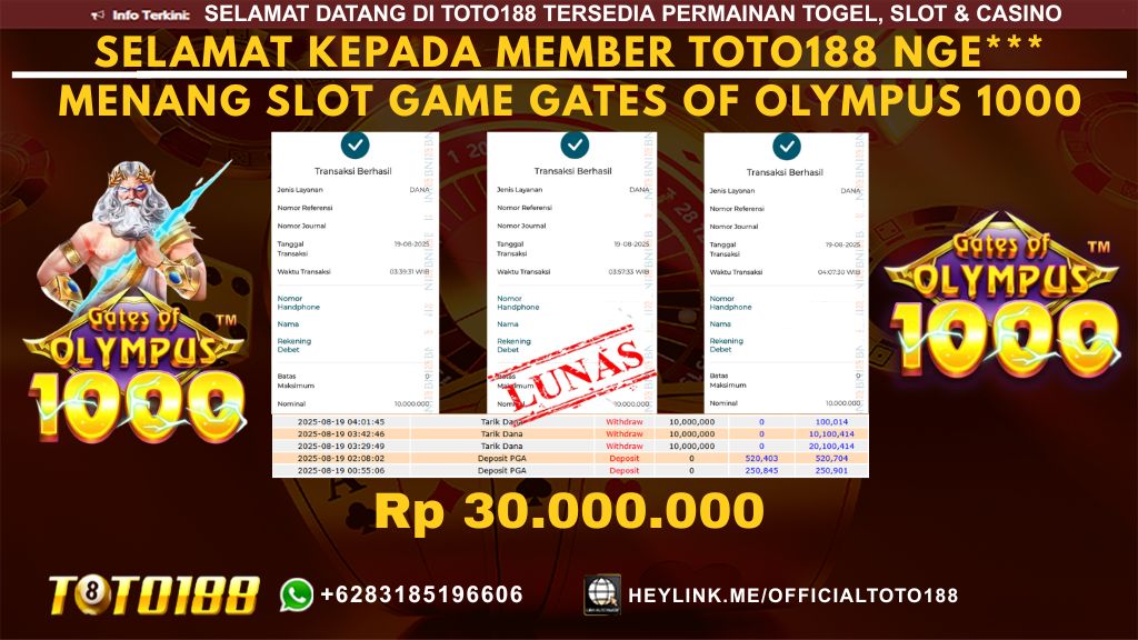Bukti JP Kemenangan SLOT GAME GATES OF OLYMPUS 1000 19 AUG 25