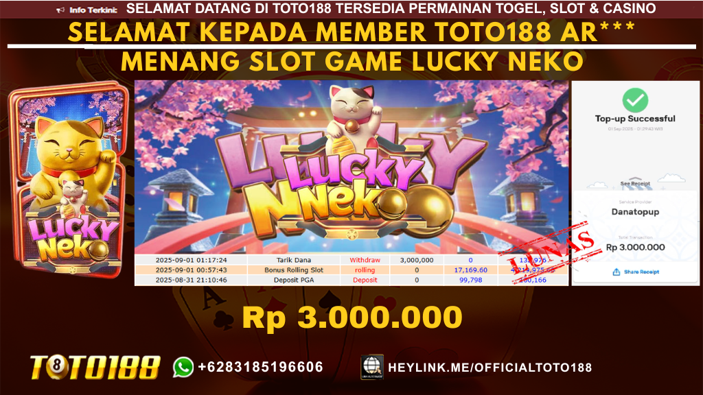 Bukti JP Kemenangan SLOT GAME LUCKY NEKO 01 SEP 25